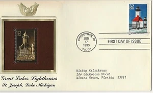1995 St. Joseph Lake Michigan First Day Issue Postage Stamp 22K Gold Replica. - Picture 1 of 1