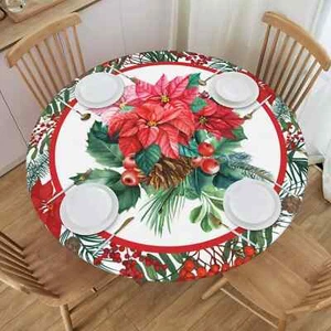 Christmas Holly Tablecloths round Tablecloth Fitted Elastic Table Cover Washable - Picture 1 of 10