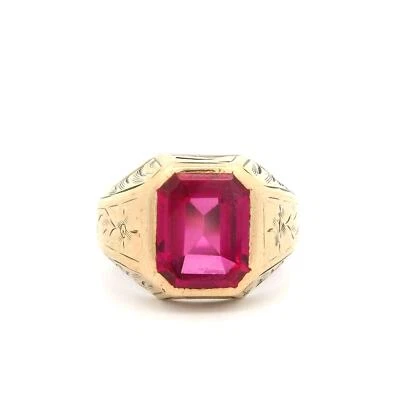 Antique 10k Yellow Gold Synthetic Ruby Delicate Engraved Detail Cocktail Ring - Image 1 of 4