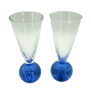 2 PC Vintage Hand Blown Blue Controlled Bubble Bottom Ball 4.5" Shot Glasses - Picture 1 of 5