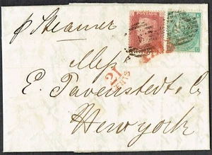 1866 1/- Green Pl 4 KG + 1d Red Pl 87 QC Fine Clean Lettersheet to New York - Picture 1 of 2