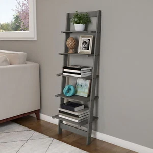 5-Tier Leaning Ladder Bookshelf Storage Rack Bookcase Home Office Organizer Gray - Picture 1 of 6