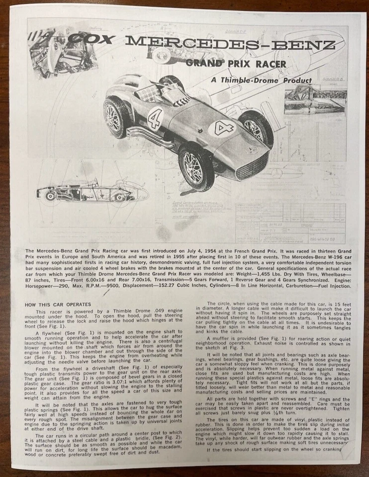 COX THIMBLE DROME MERCEDES BENZ RACER OWNER'S MANUAL INSTRUCTIONS .049 ENGINE - Image 1 of 1