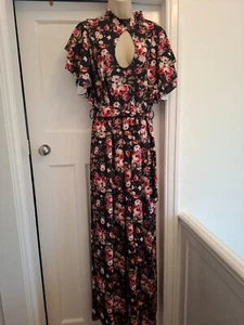 Boohoo black floral wide leg angel sleeve jumpsuit size 20 - Picture 1 of 7