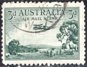 Australia Stamp Scott #C1, 3p, Air Mail, Airplane Over Bush Land, Used, SCV$8.50