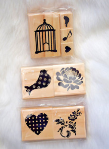 MICHAELS Lot of 8 Wood Mount Rubber Stamps ~ Birds, Hearts, Flowers, Music, NEW