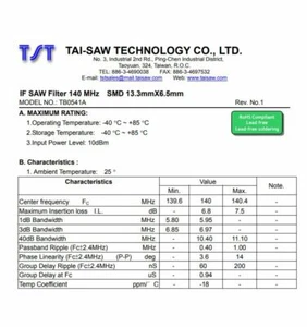 Filtro TB0541A 140 MHz IF SAW 7 MHz 3dB ancho de banda - Imagen 1 de 4