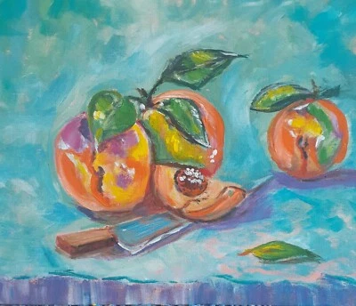 "Peach Still Life Acrylic Painting - 9x12 Canvas Board - Colourful and Fresh Art - image 1 of 4