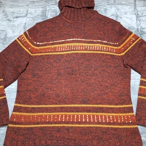 VTG RENA ROWAN Wool Blend Turtleneck Sweater Sz XL Brown Orange Stripe Sequins - Picture 1 of 9