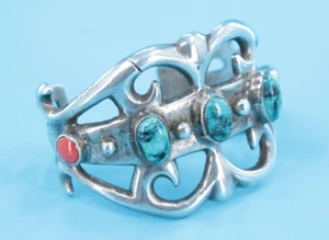 Vtg Sandcast Native American Silver Turquoise Coral Cuff Bracelet 62 gram Indian - Picture 1 of 13