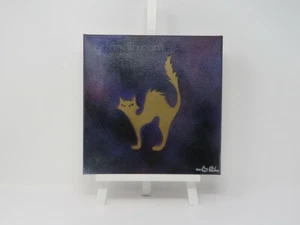 ORIGINAL LEINWAND SPRAY GEMÄLDE - 10X10 GOLD GRUSEL KATZE, NUMMERIERT, SIGNIERT #173 - Bild 1 von 2