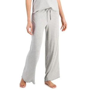 Jenni Ladies Light Gray Heather Ribbed Pajama Pants w/ Lettuce Trim & Drawstring - Picture 1 of 4