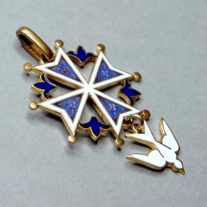 Huguenot Cross, Holy Spirit. Antique Religious Enamel Pendant. Large Medal. - Picture 1 of 7