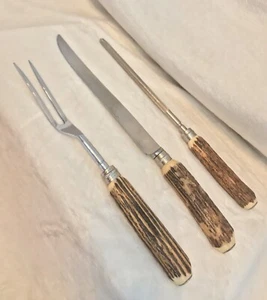 ANTIQUE SILVER & CARVED HANDLE 3 PC. MEAT CARVING SET, Knife Fork Sharpener - Picture 1 of 12