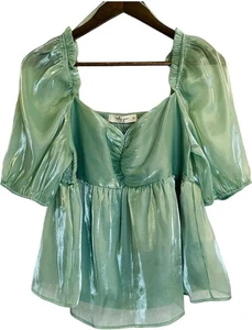 NEW Molly Green Gabriella Babydoll Top Womens XS Shimmery Seafoam Green Satin - Picture 1 of 12