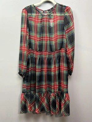 J Crew Dress Womens XL Red Green Plaid Long Sleeve Ruffle Smocked Holiday Party - Image 1 of 4