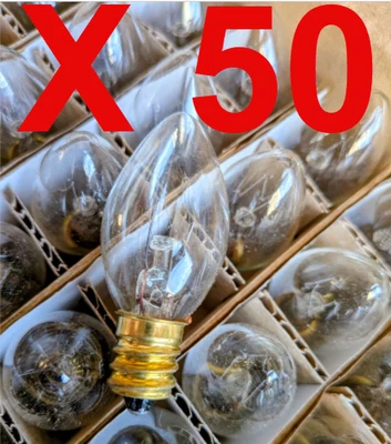 Box of 50 E12 Night Light / Candle Lamp Bulbs, C7, Clear, Candelabra, 220V - Image 1 of 4