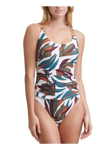 DKNY Women's White Stretch REMOVABLE CUPS Ring Scoop Neck One Piece Swimsuit 6 - Picture 1 of 3