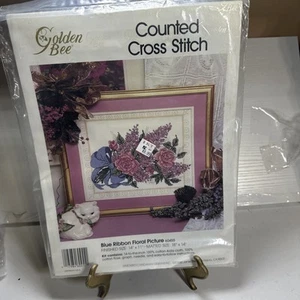 New Golden Bee Blue Ribbon Floral Roses Lilacs Bouquet Floral Cross Stitch KIT - Picture 1 of 4