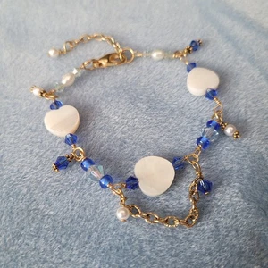 Handmade Heart Bracelet Made With Crystal Beads 6.5 In Wrist Gold/Blue/White - Picture 1 of 4