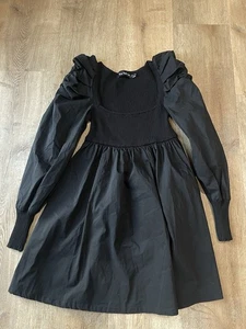 En Saison Black Puff Sleeve Fit & Flare Dress | Rib Knit Bodice | Small  - Picture 1 of 9