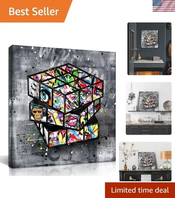 当代班克斯帆布墙艺术 - 14x14 带框涂鸦适用于家庭办公室 — 第 1/4 张图片