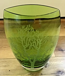 BADASH HAND BLOWN VASE~~Green~~ Etched with Tree of Life - Picture 1 of 3