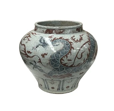 Jarrón de cerámica oriental blanco roto base craquelada dragón rojo azul arte ws4658 Foto 1 de 4