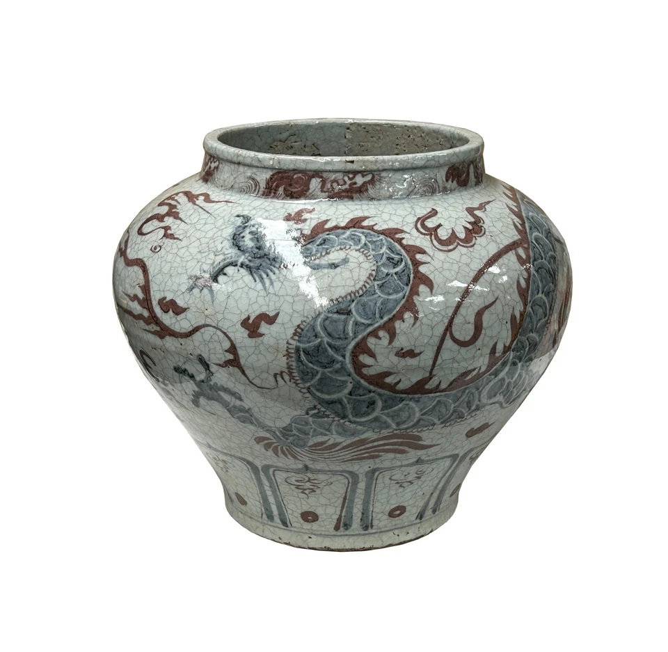Jarrón de cerámica oriental blanco roto base craquelada dragón rojo azul arte ws4658 Foto 1 de 4