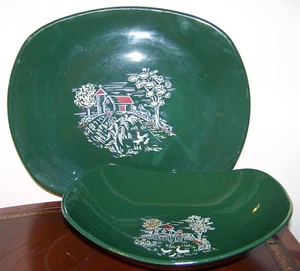 Harmony House Oval 10" Vegetable Bowl & 13" Platter Farm Scenes Dark Green VTG - Picture 1 of 1