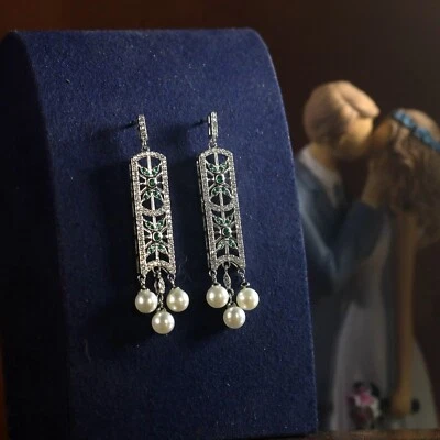 Orecchini A Chiodo Argento Art Deco CZ Verde Perla Matrimonio Filigrana BE5 - Immagine 1 di 4