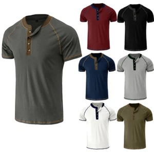 ⭐⭐Henley T Shirt Mens Solid Color Short Sleeve Casual Button Vintage T-Shirt Tee - Picture 1 of 20