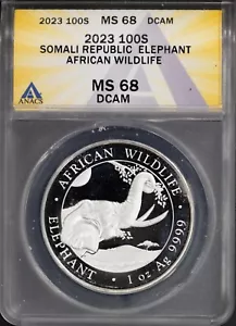 2023 100 scellini argento elefanti somali MS 68 DCAM ANACS #73885 + bonus - Foto 1 di 2
