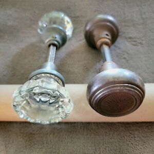 Antique Lot of 2 Doorknob Sets ~ 12 Point Glass Set & Metal Art Deco Set