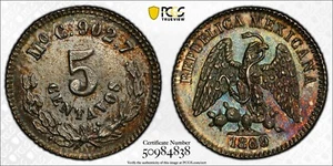 1869/8-Mo C Mexico 5 Centavos PCGS Uncirculated Rainbow Toned Graded Silver Coin - Picture 1 of 4