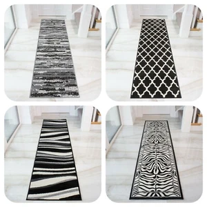 Long Black White Hallway Carpet Runner Rugs Monochrome Modern Hall Mats 60x240cm - Picture 1 of 20