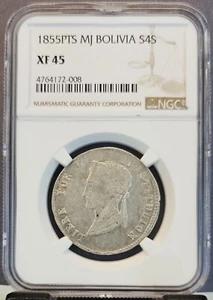 1855 PTS MJ BOLIVIA SILVER 4 SOLES S4S NGC XF 45 BEAUTIFUL COIN - Picture 1 of 3