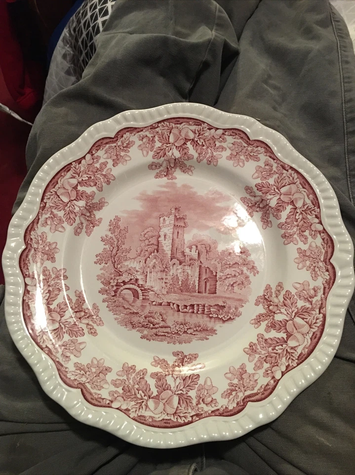 Red Pink Transferware RUINS Spode Archive Collection 11"  Dinner plate ENGLAND  - Image 1 of 3