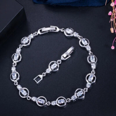 Brazalete conectado tenis redondo circonita cúbica plateado plateado para mujer moda Foto 1 de 4