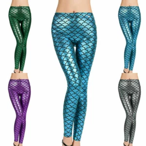 Womens Ladies Elasticated Metallic Fish Scale Mermaid Shiny Leggings Dance Gym  - Picture 1 of 10