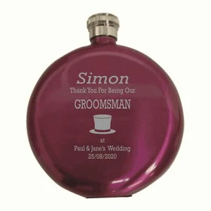 Personalised Groomsman Top Hat 5oz Round Pink Hip Flask In A Paper Box HF602 - Picture 1 of 1