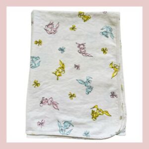 ❤️Baby Flannel Blanket White Pastel Ribbons & Bunny Rabbits Cotton 25x25❤️