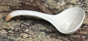 UNBRANDED OFF WHITE CERAMIC DEEP SOUP LADLE PEACH TIPPED CURVED HANDLE 8 1/4”L