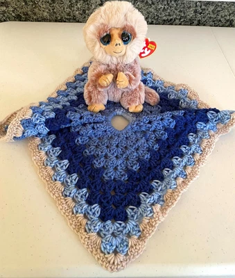 Lovey Monkey Manta de Seguridad Extraíble Hecha a Mano Crochet Azul Bronceado Muñeca Blankie Foto 1 de 2