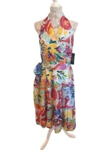 Lauren Ralph Lauren Floral Watercolor 100% Silk Halter Dress Preppy Womens 8