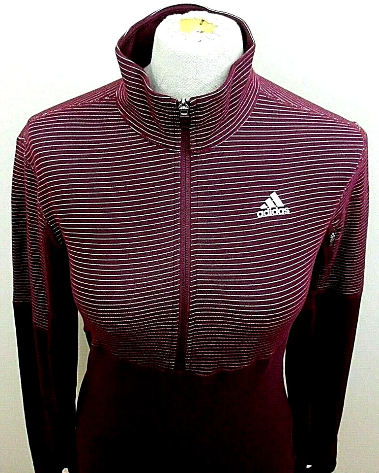 Adidas Women's Climalite 1/2 Zipper Pullover Maroon White Striped New Free Ship - Image 1 of 4