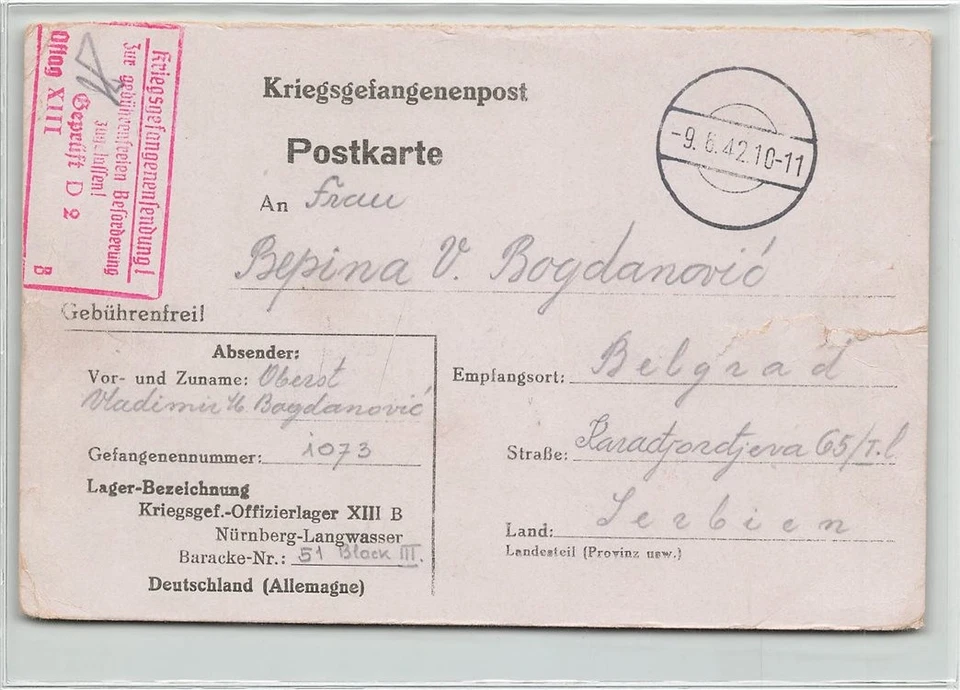 120615) Kriegsgefangenenpost aus dem Lager Oflag XIII B, mit Zensur n. Serbien - Bild 1 von 1