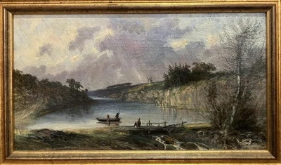 PINTURA AL ÓLEO ANTIGUA Paisaje fluvial romántico francés EDOUARD VAUMORT 1823-1886 Foto 1 de 4