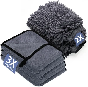 Set cura auto 5 pezzi 3 panni in microfibra + 2 guanti lavaggio 600GSM senza graffi - Foto 1 di 15