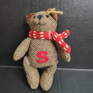 Brown Herringbone Plush 6" Teddy Bear "S" Monogram Christmas Ornament EUC - Picture 1 of 3